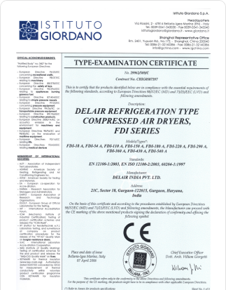CE-Certificate – Deialr Refrigeration Type- Compressed Air Dryer